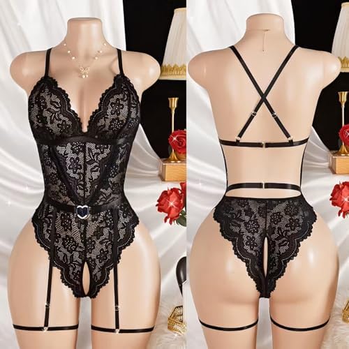 Avidlove Sexy Lace V Neck Teddy Corset Bodysuit Lingerie Top 2 Piece Set with Garter Belt