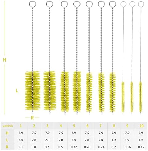 CiaraQ Bottle Cleaning Brushes, 8 Inch Nylon Tube Brush Set, Cleaner for Narrow Neck Bottles Cups with Hook, Set of 10pcs.