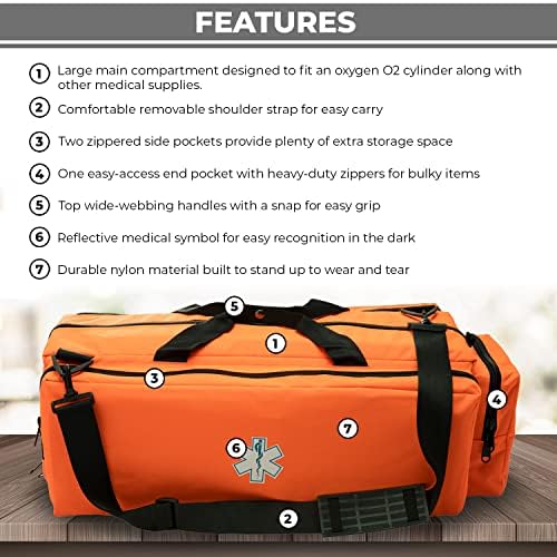 NOVAMEDIC First Responder Empty Oxygen O2 Duffle Bag, 32”x12”x13”, w/Multiple Compartments, EMT Trauma First Aid Carrier for Paramedics and Emergency Medical Supplies, Orange