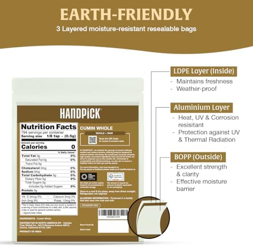 HANDPICK Cumin Seeds (397g/14oz) Non GMO, Gluten Free, 100% Raw, Sourced from India, Excellent Flavor, Aromatic, For Tempering, Spice Blends and Seasonings, Packed in Resealable Ziplock Pouch