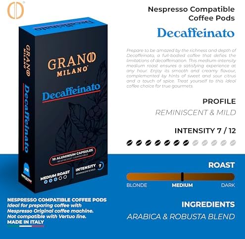 Grano MIlano Decaffeinato - 50 Aluminium Coffee Pods Compatible with Nespresso Original line - Intensity 7, Medium Roast Coffee Capsules Made in Italy