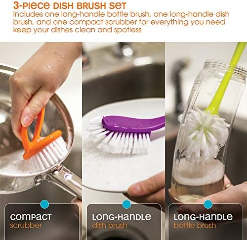 Casabella Loop 3-Piece Dish Brush Set - 15519AZ(Colors May Vary), Red Yellow Purple