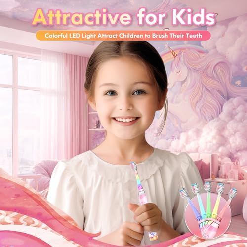 Kids Electric Toothbrush Toddler Toothbrush Age 2-4-8-12 Electric Toothbrush Kids with Timer Rainbow LED Light Up Vibrating Toothbrush Battery Operated Childrens Girls Sonic Tooth Brush (Pink Unicorn)