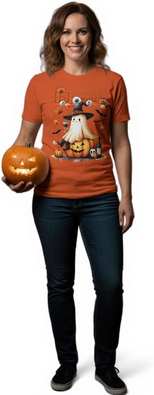 Halloween Shirts for Women - Pumpkin & Ghost Graphic Tee