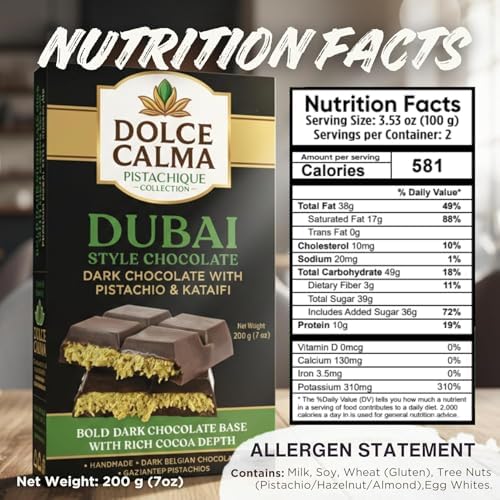 Dolce Calma Dubai Chocolate Bar Dark (200g / 7oz) – Viral Authentic Handmade Belgian Chocolate with Turkish Pistachio & Crispy Kataifi, Premium Quality Candy, Luxury Cream Kunafa Filling, No Palm Oil