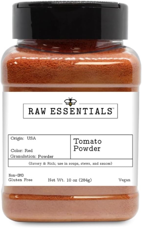 Raw Essentials Tomato Powder | Tomato Paste Powder | Perfect for Soups, Sauces, Stews, Dips, and Seasoning Blends| Savory & Rich| Non-GMO, Gluten Free & Vegan | 10oz Bottle