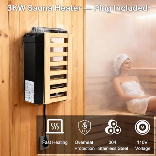 3KW Sauna Heater 110V Plug in Portable Electric Sauna Stove with Timer, Stainless Steel Plug and Play Heater for 100-140 cu.ft Indoor Home Dry Sauna Room, Fast Heating Sauna Heater