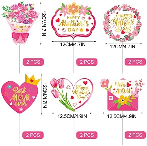 12 Pieces Happy Mother's Day Cake Toppers Thanks Mom Best Mom Ever We Love Mom Mothers Day Cake Picks with Heart Flowers Tulip Carnation Signs Mother's Day Party Cake Decorations Supplies