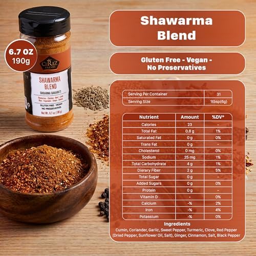 Cerez Pazari Shawarma Spice Blend 6.7 oz – Middle Eastern Seasoning with Cumin, Sweet Pepper, Garlic & Turmeric – Non-GMO, No MSG – Perfect for Chicken, Beef, Lamb, Veggies & Marinades