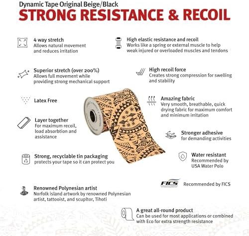 Dynamic Tape Original - Biomechanical Athletic Tape | 4 Way Stretch & Stronger Recoil Than Kinesiology Tape | Designed for Muscle & Joint Load Management | High-Load Sports Use (2" Black/Beige Roll)