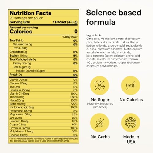 KEY NUTRIENTS Electrolytes Powder Packets - Multivitamin Lemonade 20 Pack Hydration Packets - Travel Hydration Powder - Improved Refreshing Taste - Made in USA - No Sugar, No Calories, Gluten Free