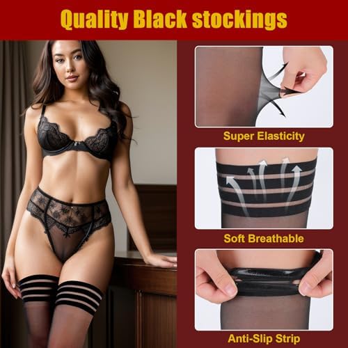 4 Pairs Fishnet Thigh High Stockings for Women Sexy Anti Slip Silicone Lace Sheer Pantyhose Over Knee Silky Fishnet Stockings