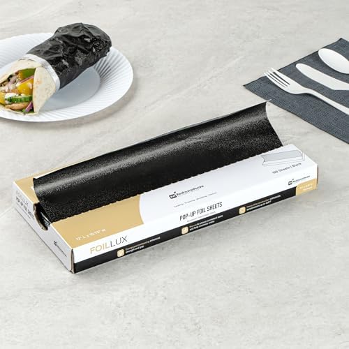 Restaurantware-Foil Lux 12 x 10.8 Inch Pop-Up Foil Sheets, 100 Disposable Foils Papers For Food - Orange Peel Embossing, Interfolded, Black Aluminum Foils Sheets, Greaseproof, Freezable, Oven Ready