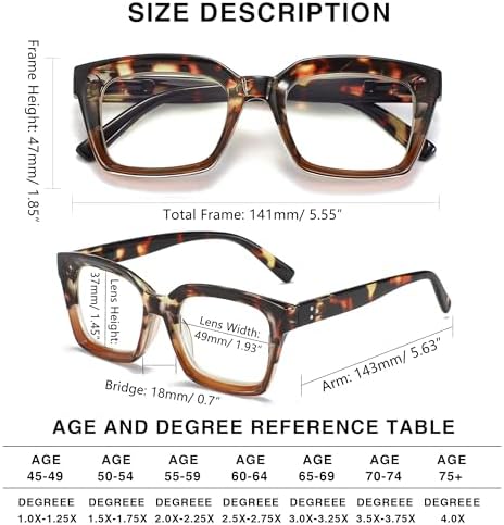 Readers for Women Fashion Style Square Reading Glasses with Spring Hinge Blue Light Blocking for Men Ladies