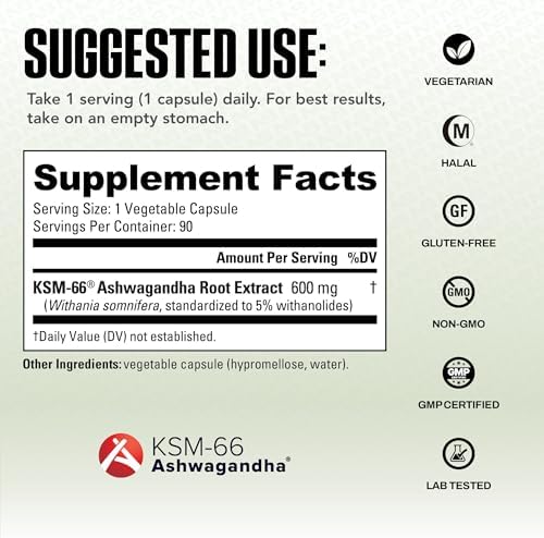 NutraBio Ashwagandha KSM-66 | Ashwaganda Herbal Supplement for Stress, Mood, & Performance | 600 MG of Clinically Studied KSM66 90 Capsules