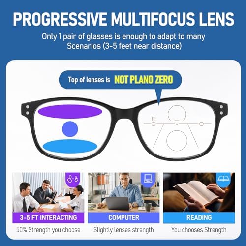 Progressive Multifocus Reading Glasses for Men Women Blue Light Readers Spring Hinge No-Line Near Range 2-Pack PT2013