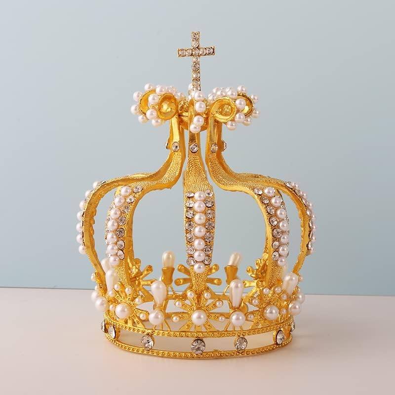 Crown Princess Cake Topper Wedding Birthday Crystal Pearl Tiara Cake Decor For Wedding Birthday Baby Shower Cake Photo Party Supplies (Gold)
