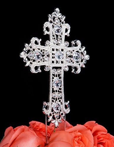 LOVENJOY Silver Cross Cake Topper Large for Confirmation, Gift Box, Crystal Rhinestone