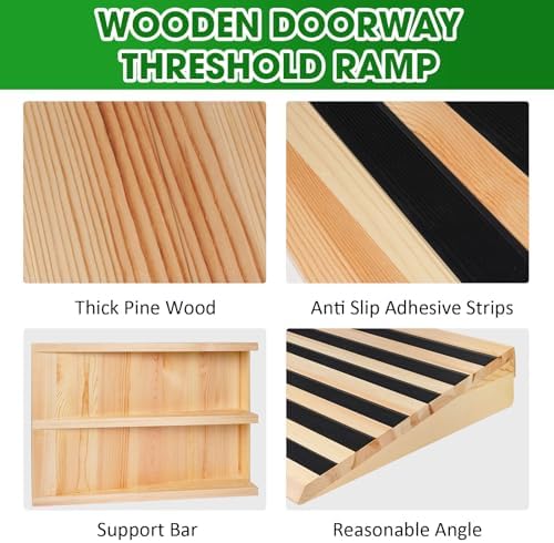 7" Rise Wooden Threshold Ramp for Home Steps, Door Ramp for Wheelchair/Walker/Cart/Scooter, Multipurpose Door Ramp with Non-Slip Stripes(35.4" W*7.0" H, Solid Wood, 800LBs Capacity)