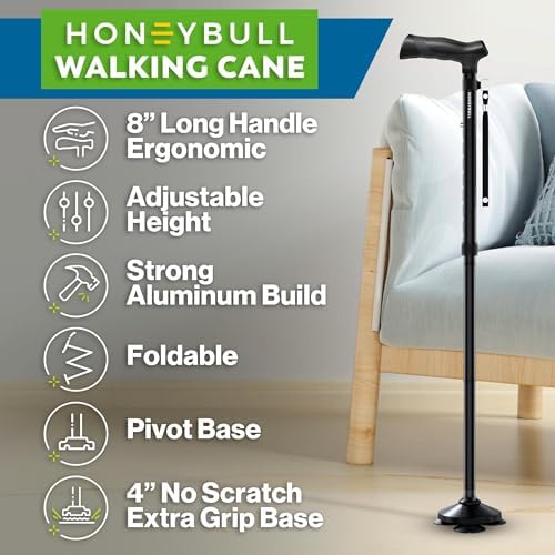 HONEYBULL Walking Cane for Men & Women Foldable, Adjustable, Heavy Duty, Free Standing, All Terrain, Collapsible Walking Sticks for Seniors & Adults