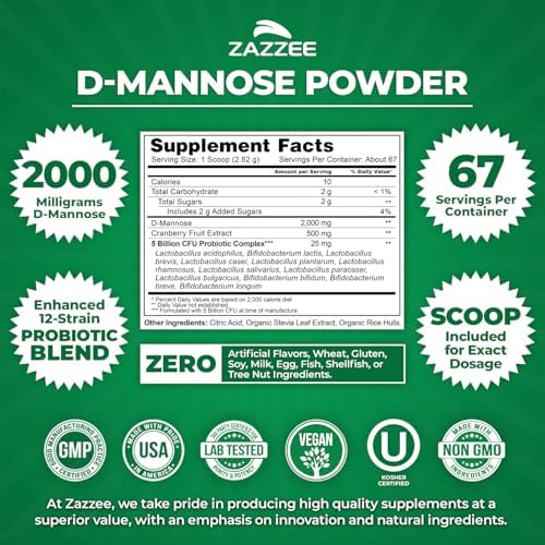 Zazzee D-Mannose Powder Plus, 2000 mg, 67 Servings, Plus 5 Billion CFU Probiotics and Pure Cranberry Juice Extract, Certified Kosher, Free Scoop, 6.67 oz, Urinary Tract Support, Non-GMO, All-Natural