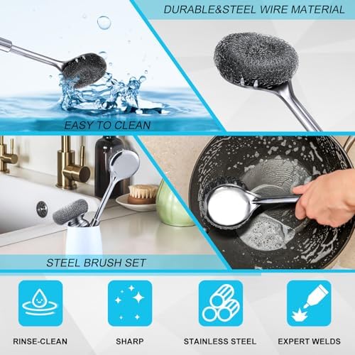 SiliFine 6 Pack Stainless Steel Scrubber with Handle, Silver Stainless Steel Pan Cleaner Deep Cleaning Scrubber for Dishes Tableware Home Kitchen Cast Iron, Stock Pots, Pans