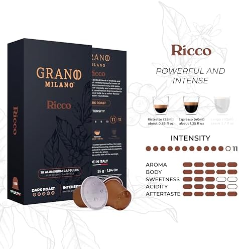 Grano Milano Ricco Coffee Capsules - 100 Aluminum Coffee Pods Compatible with Nespresso Original line, Dark Roast - Intensity 11/12, Made in Italy