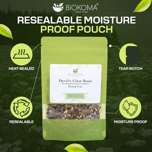 Biokoma Devil's Claw Root Dried Cut 3.55 oz Harpagophytum Procumbens Herb Loose Herbal Tea Joint Mobility Natural Support Comfort Resealable Pouch Pure No Preservatives Non GMO Caffeine-Free Kosher