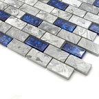 Hominter Blue Crystal Glass & Gray Stone Mosaic 1x2 Subway Tile, Natural Veining Polished Marble for Kitchen Backsplashes, Accent Walls and Bathroom Shower Tiles (3x12 Sample)