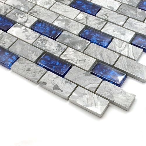 Hominter Blue Crystal Glass & Gray Stone Mosaic 1x2 Subway Tile, Natural Veining Polished Marble for Kitchen Backsplashes, Accent Walls and Bathroom Shower Tiles (3x12 Sample)
