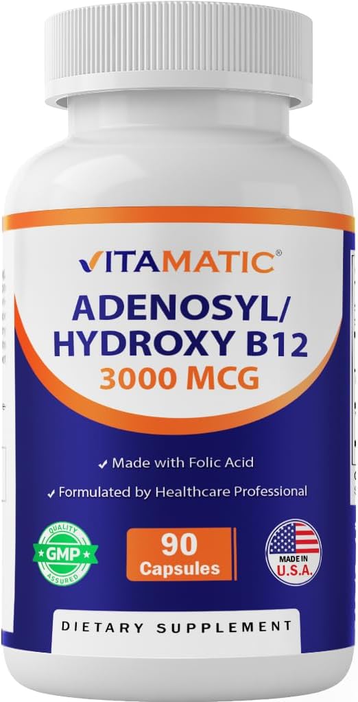 Vitamatic Adenosylcobalamin Hydroxocobalamin B12-3000 mcg with Folic Acid – Dual Active Form of B12 – Non-GMO, Gluten-Free, Sugar-Free – 90 Veg Capsules – Made in USA