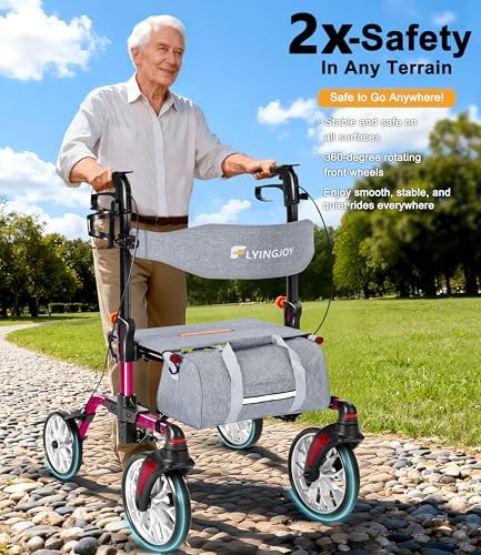 Lightweight Rollator Walker with Seat for Seniors,Foldable Rolling Walker with 4 Wheels and Brakes, All Terrain 360° Front Wheel Mobility Aid with 8” Puncture-Proof Tires, 300 lbs Capacity
