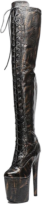 WUXIN H&P Women's Over The Knee Pole Dance Thigh High Heel Boots Black Sexy Snake Pattern Platform Zip Lace Up Fashion Party Round Toe Stiletto 8 inch Exotic Heels