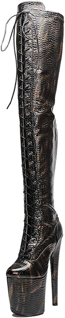 WUXIN H&P Women's Over The Knee Pole Dance Thigh High Heel Boots Black Sexy Snake Pattern Platform Zip Lace Up Fashion Party Round Toe Stiletto 8 inch Exotic Heels