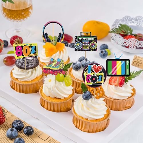 25PCS 80s Cake Toppers, 80's Themed Cupcake Toppers Kit, Retro Hip Hop Cake Decorations for Born in the 80s, 80's Themed Cupcake Picks Decorations Birthday Party Supplies