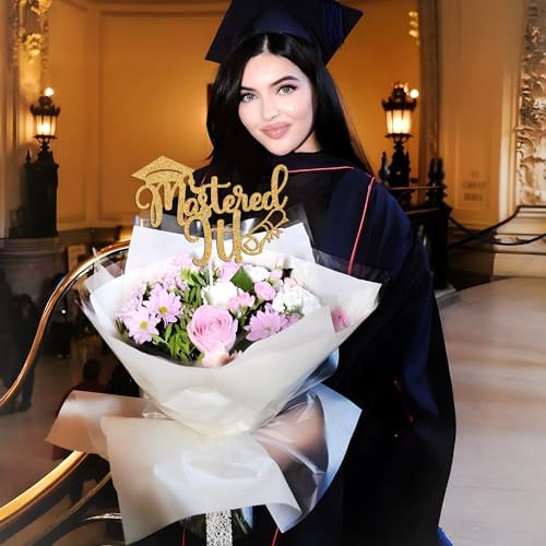 Mastered it Cake Topper, Happy Master's Degree/You Did It, Congrats Grad Graduate, Master Graduation Party Decorations Supplies, Gold Glitter