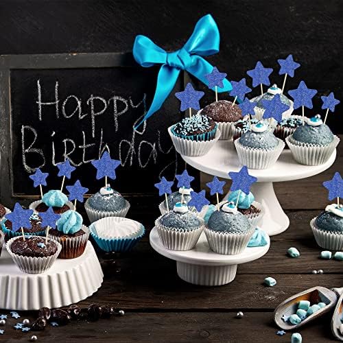 Gyufise 42Pcs Mixed Size Deep Blue Little Star Cupcake Toppers Glitter Twinkle Star Cupcake Picks for Wedding Engagement Bridal Shower Baby Shower Birthday Party Cake Decorations Supplies