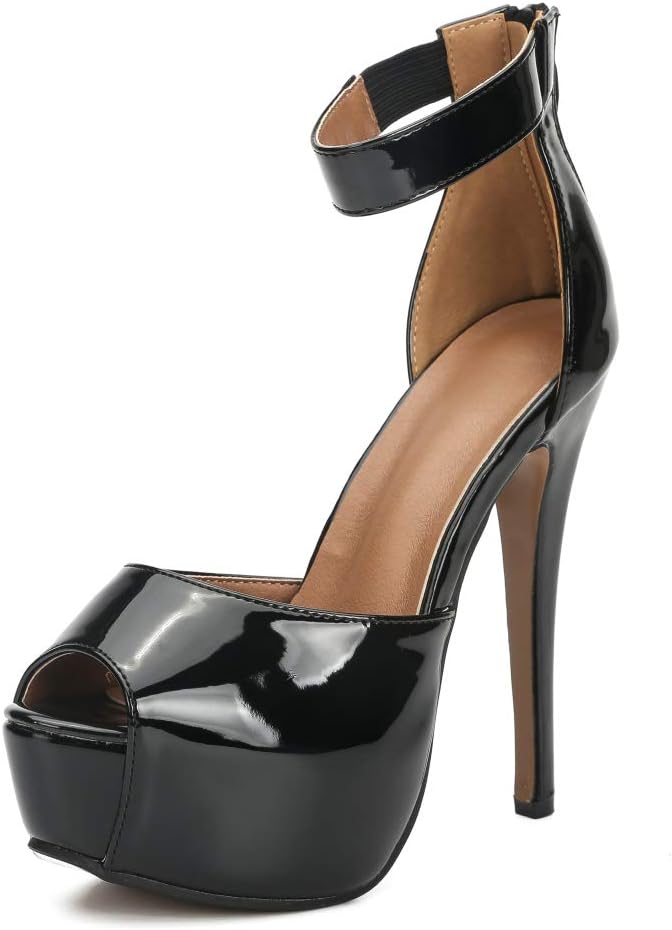 MAIERNISI JESSI Women's Platform High Heel Sandals, Ankle Strap, Peep Toe, Stiletto Heels, Zip