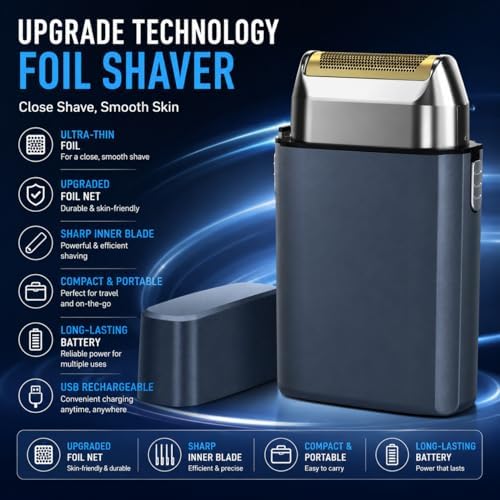 Professional Foil Shaver for Men, Rechargeable Cordless Electric Razor for Ultra-Close Shave, Travel-Friendly Design with Protective Cap & Pouch, High-Speed Powerful Motor - Grey