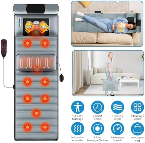 Full Body Electric Massage Mat with Heat, 10 Vibration Motors, 3 Timers, Vibration Massage Pad for Bed, Back Mattress Chair Pad with Neck Massager Lumbar Pillow
