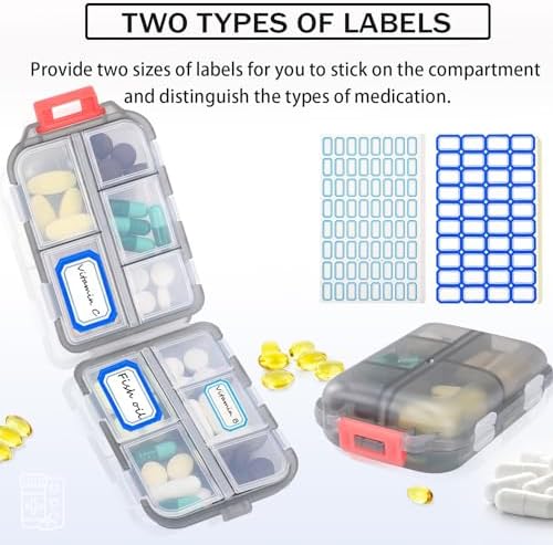 Travel Pill Organizer Portable Pocket Pill Case Small Pill Box for Purse Medicine Organizer Have 10 Compartments Storage Vitamin Fish Oil by INVODA (1PCS Gray+Lables)