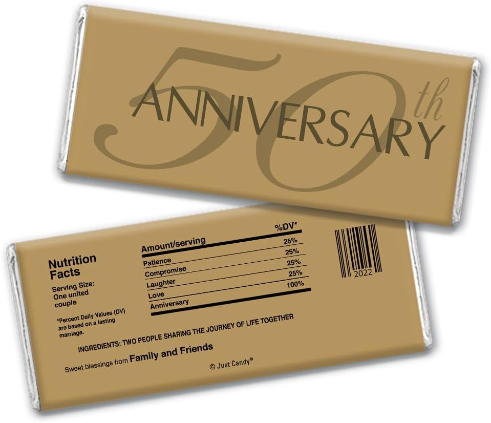 50th Anniversary Party Favors Wrappers for Chocolate Candy Bars, DIY Party Decorations and DIY Golden 50th Anniverary Party Favors (24 Pack)- Candy Not Included