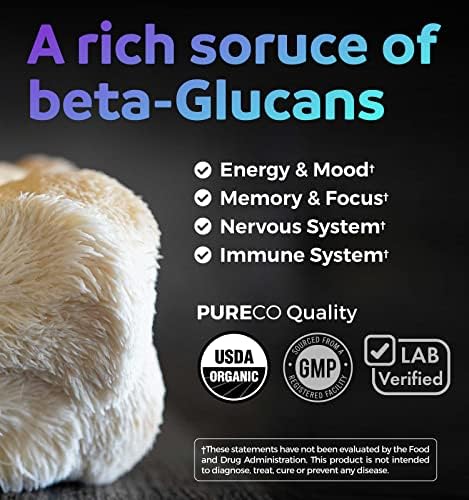 PURE CO Organic Lions Mane Supplement Capsules - USDA Organic Mushroom Supplement Capsules with 1000mg Lion's Mane 10:1 Extract per Serving with 30% Polysaccharides - Vegan & Non-GMO (1 Month Supply)