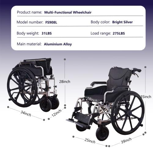Lightweight Aluminum Alloy Transport Wheelchair for Adults - 18" Wide Seat with Front/Rear Locking Brakes, 24" Quick-Release Wheels, Foldable Design, 275 lbs Capacity (Bright Silver)