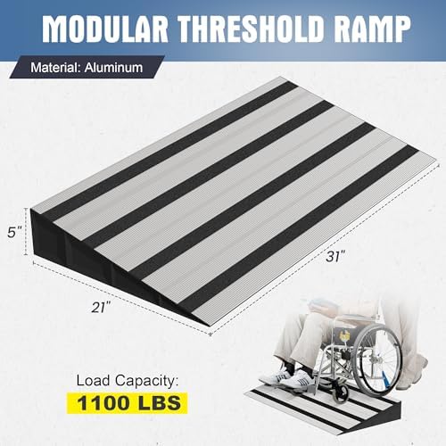 5" Rise Modular Threshold Ramp for Doorways, Stable Wheelchair Ramp for Home Steps, Aluminum Door Ramp and Curb Ramp for Scooters, Power Chairs, Cars, 1100LBS Load Capacity