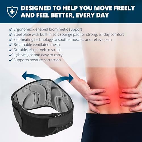 Strong Self-Heating Fit Lower Back Brace – Advanced Composite Fiber Support Belt with X-Shaped Design, Strong Lumbar Support, Pain Relief for Men & Women, Medium