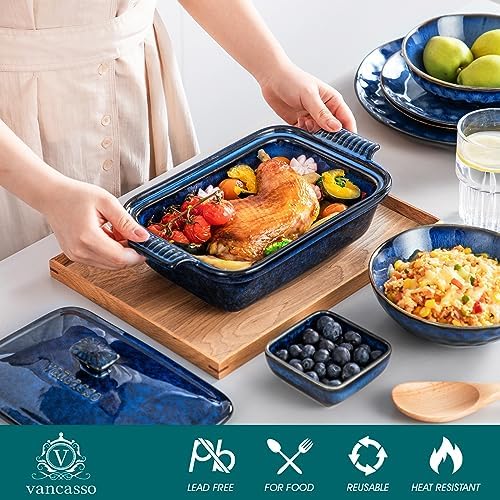 vancasso Starry Casserole Dish With Lid, 1.9 Quart Casserole Dish for Oven, 12x7 Baking Pan with Handles, Casserole Baking Dish Lasagna Pan with Lid, Microwave, Dishwasher Safe, Blue