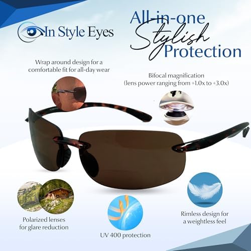In Style Eyes Lovin Mawi Bifocal Wrap Around Sunglasses, Polarized Reading Glasses Reduce Sun Glare, Near Invisible Line Lens, Black, 1.5x