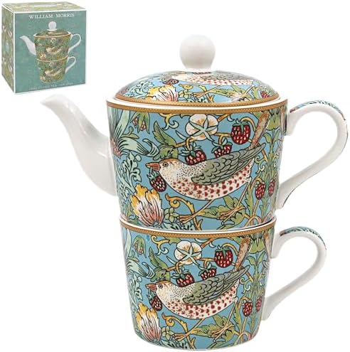 The Leonardo Collection William Morris Strawberry Thief Tea for One 250ml Cup and 400ml Pot for Home & Kitchen | Lovely Tea Pot Gift for Women & Men | Stylish Fine China Teapot Cup Set for Daily Use