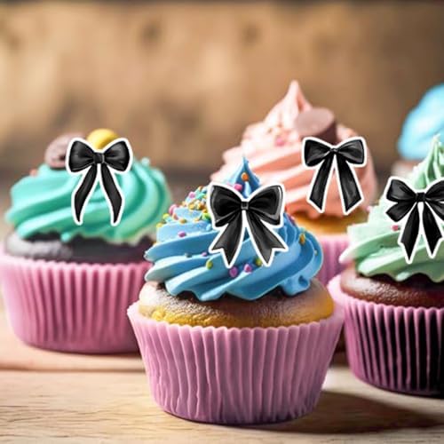 50Pcs Edible Bow Cupcake Toppers Rice Paper Black Bowknot Cupcake Picks Bow Tie Cake Decorations for Bridal Baby Shower Birthday Bachelorette Wedding Party Decorations Supplies